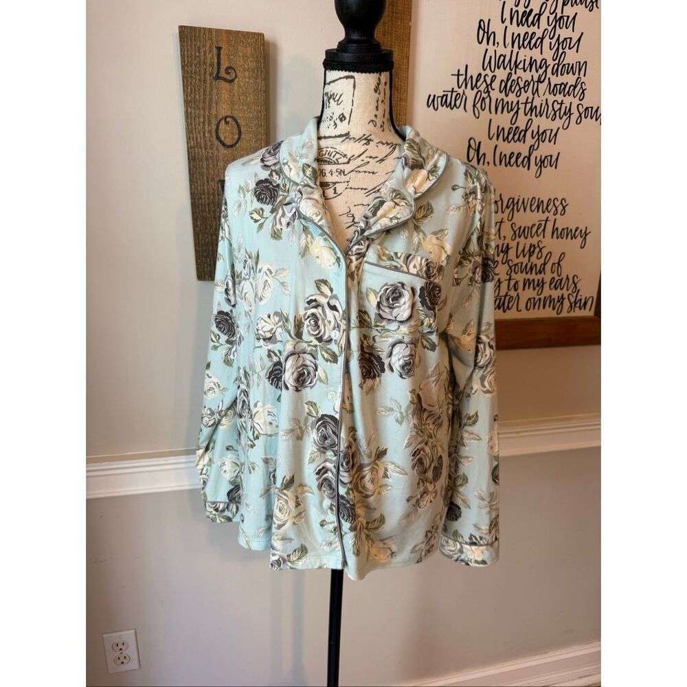 Flora By Flora Nikrooz Womens Floral Button-up Sleepshirt PJ Top Blue Gray Small